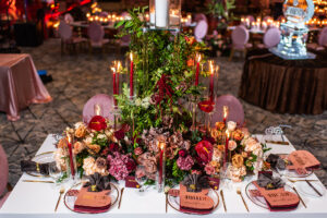 Luxury table stationery and custom menus by Sherry Green Designs displayed at the Black Bride Gala with elevated floral tablescape and candlelit reception details