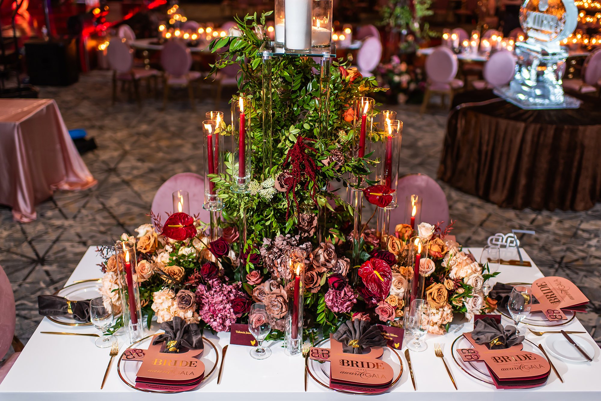 Luxury table stationery and custom menus by Sherry Green Designs displayed at the Black Bride Gala with elevated floral tablescape and candlelit reception details