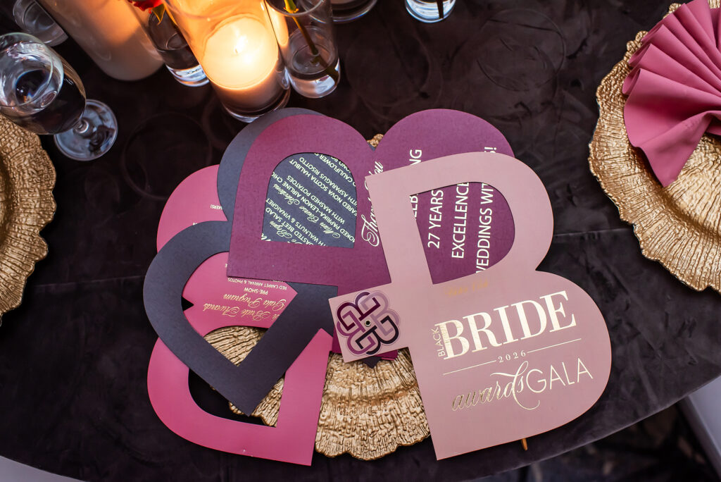 Custom Black Bride Gala die-cut menu design with luxurious gold foil details by Sherry Green Designs, featuring layered stationery and elevated reception styling for planners and luxury events