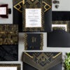 Luxury black and gold Art Deco wedding invitation suite with Atlanta skyline illustration and foil detailing by Sherry Green Designs