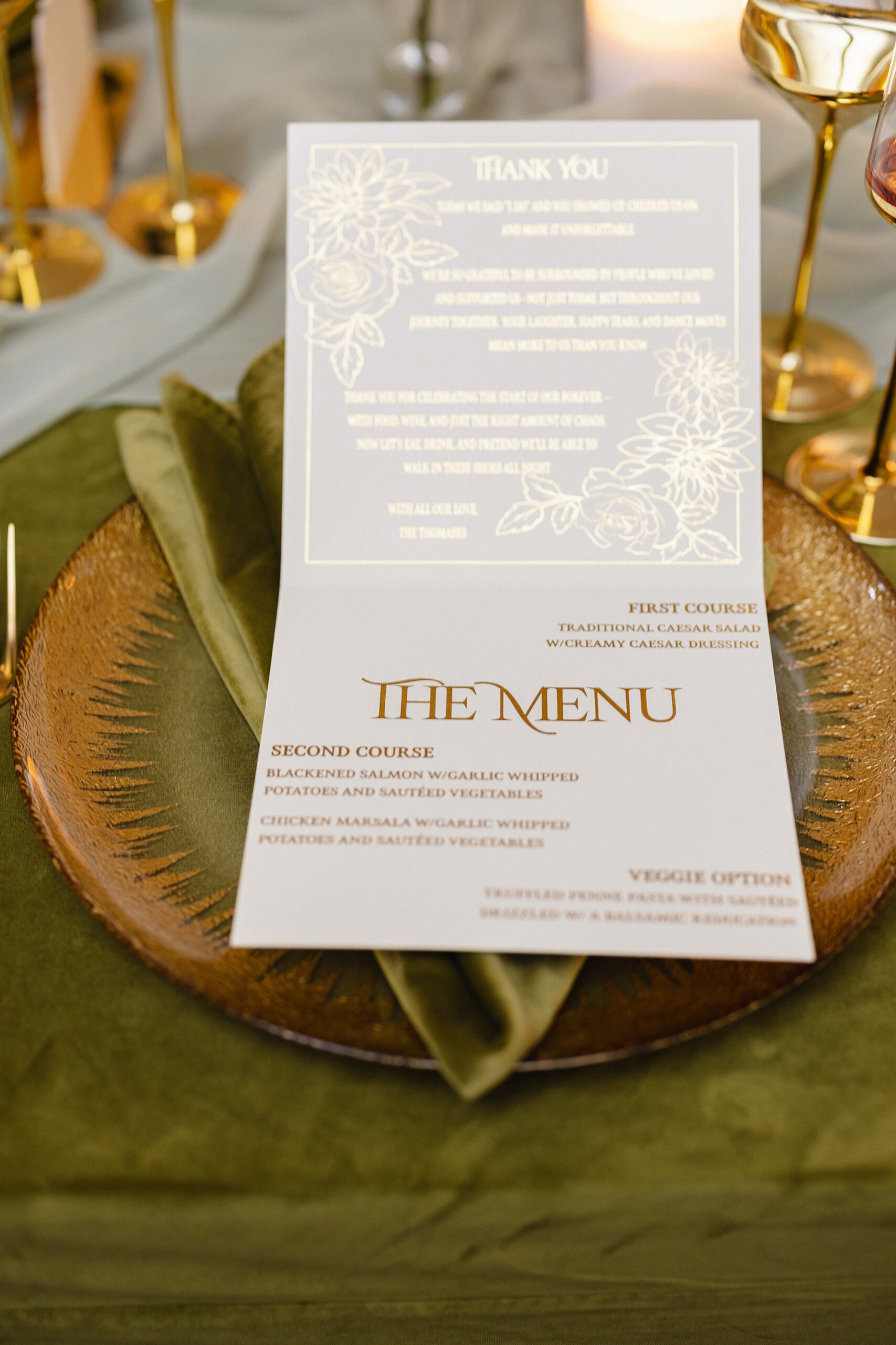 Miami wedding menu card with gold foil details for planners displayed on elegant place setting by Inked Green Designs