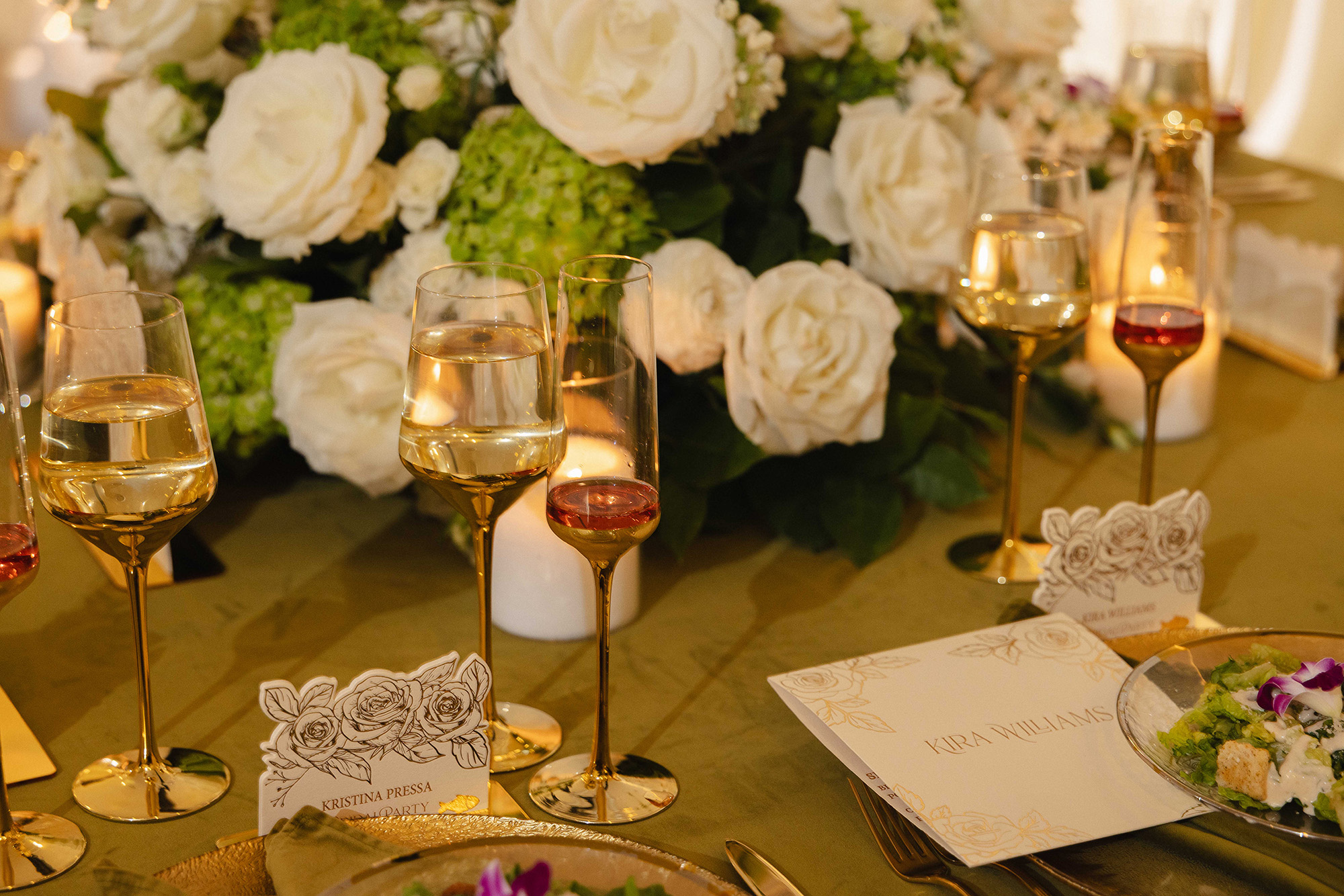 Miami wedding place cards and menu with gold foil details for planners displayed in elegant tablescape by Inked Green Designs