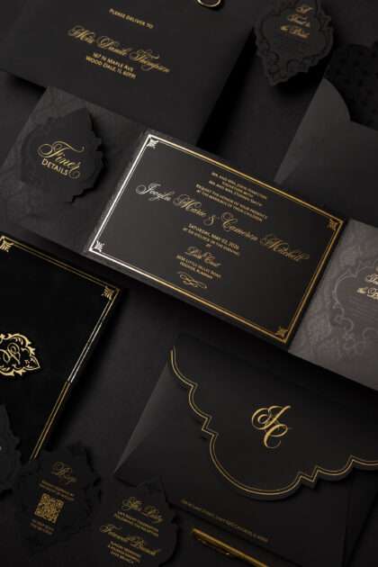 Luxury event stationery. Luxury black and gold wedding invitation suite with foil detailing and custom monogram by Sherry Green Designs
