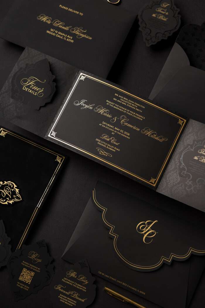 Luxury event stationery. Luxury black and gold wedding invitation suite with foil detailing and custom monogram by Sherry Green Designs