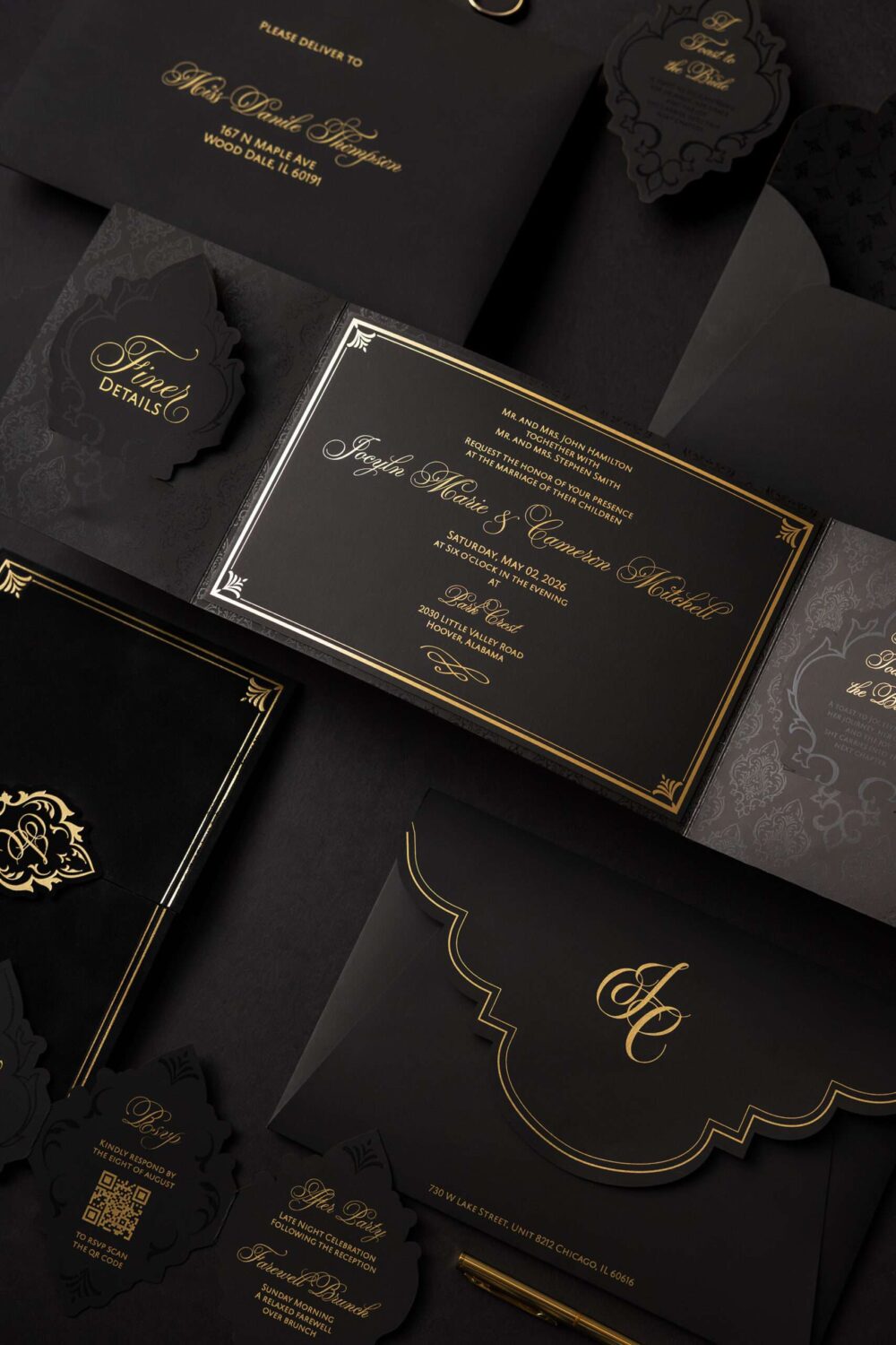 Luxury event stationery. Luxury black and gold wedding invitation suite with foil detailing and custom monogram by Inked Green Designs