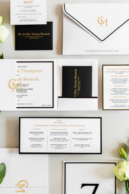 Luxury event stationery black and white wedding invitation suite with gold foil and monogram design by Sherry Green Designs