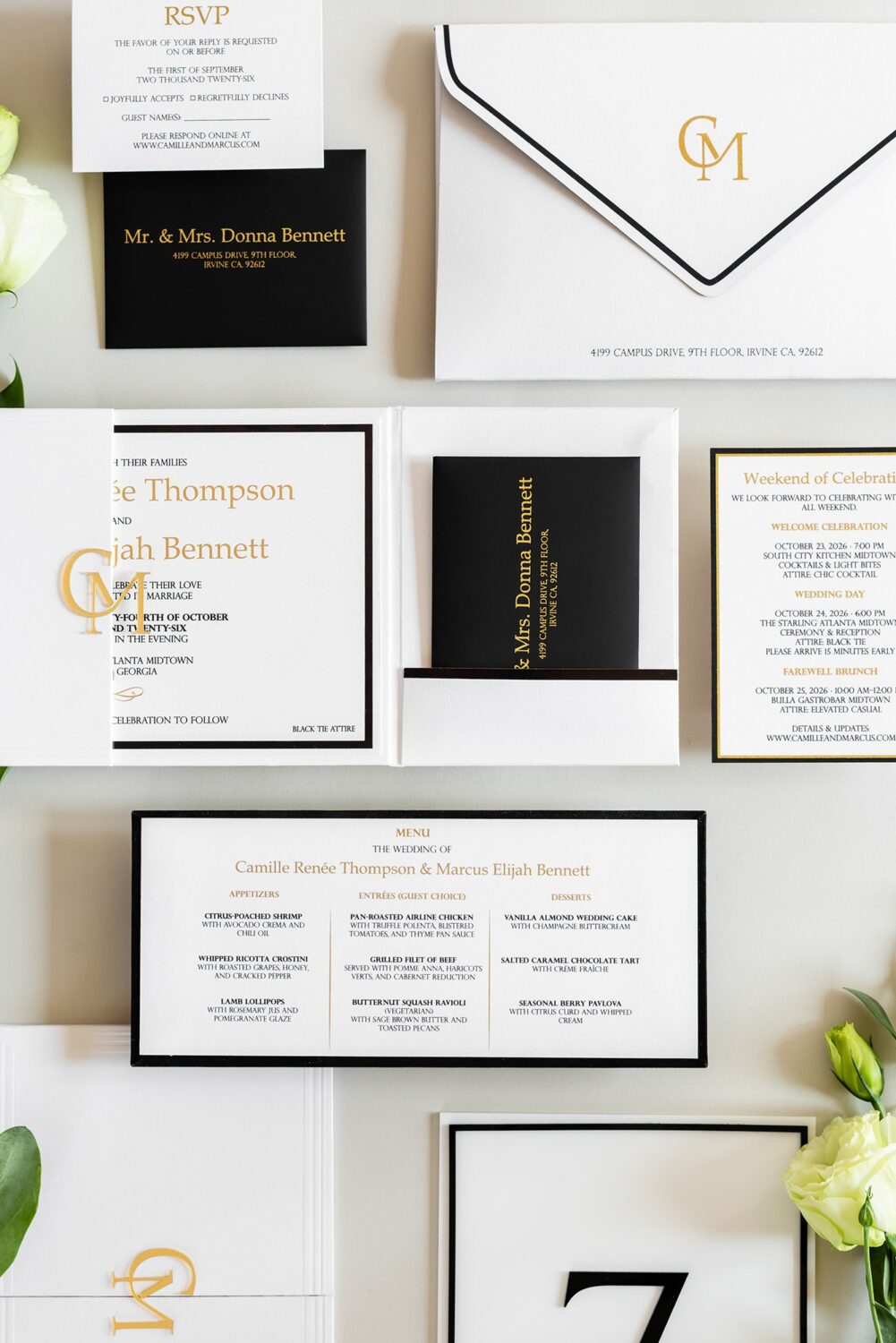 Luxury event stationery black and white wedding invitation suite with gold foil and monogram design by Inked Green Designs