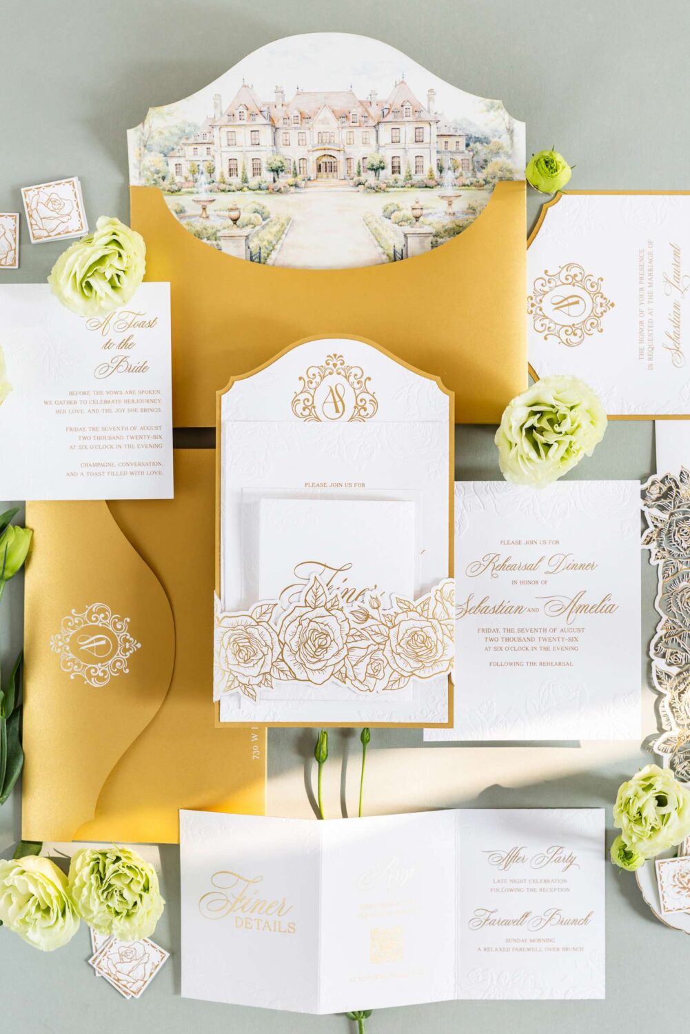 Luxury event stationery. Luxury gold and white embossed wedding invitation suite with floral detailing and custom monogram by Inked Green Designs