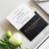 Luxury black and white RSVP card with gold foil details and coordinating guest address envelope designed by Sherry Green Designs for planners and elegant wedding invitation suites