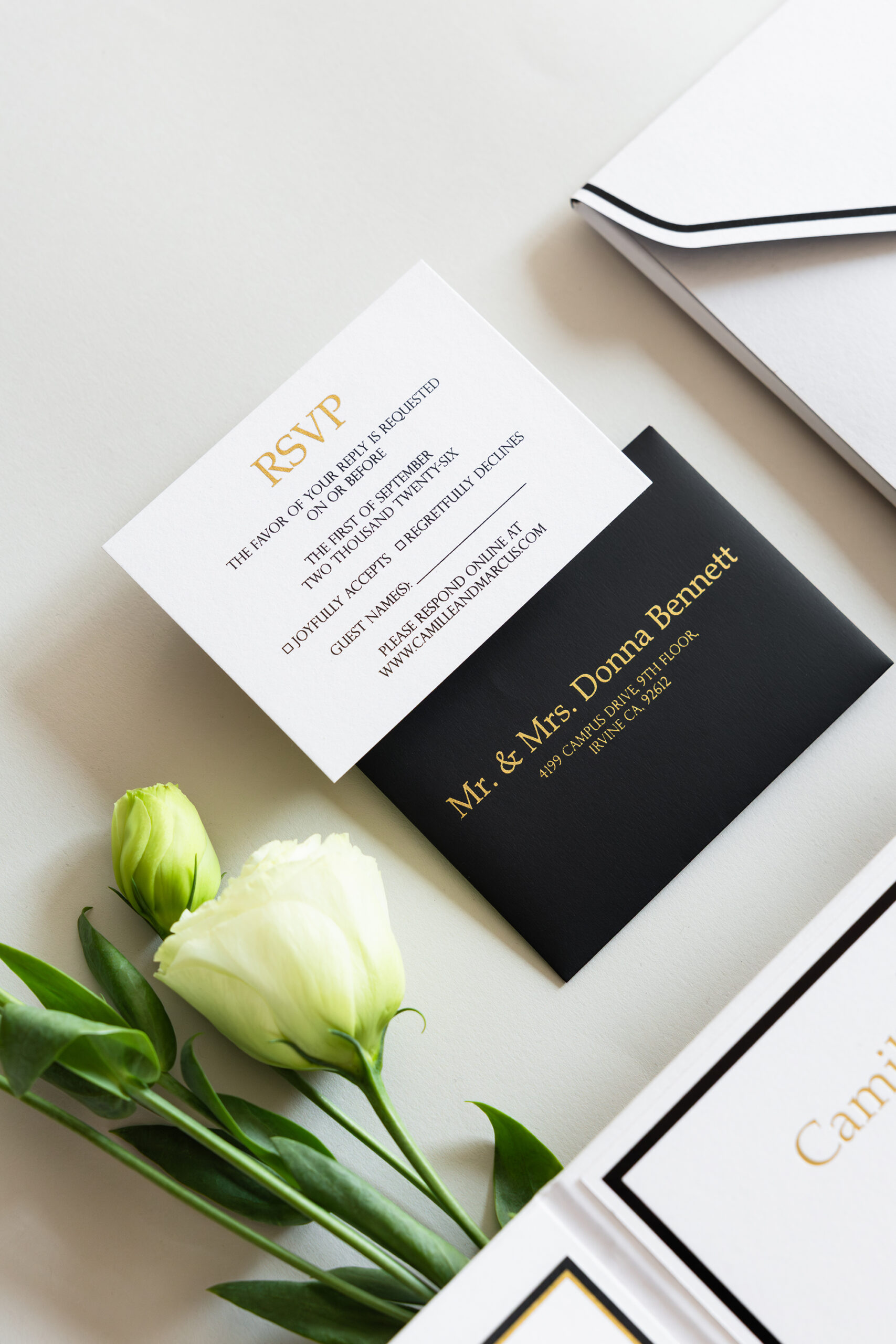 Luxury black and white RSVP card with gold foil details and coordinating guest address envelope designed by Sherry Green Designs for planners and elegant wedding invitation suites