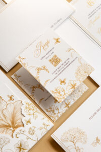Luxury RSVP wedding card featuring intricate gold foil floral illustrations, butterflies, custom QR code, and elegant black-tie wedding stationery styling