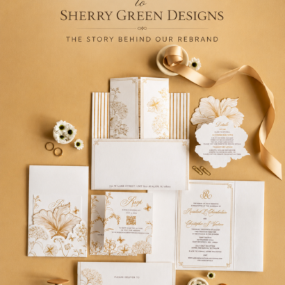 From Inked Green Designs to Sherry Green Designs rebrand featuring luxury wedding invitations and event stationery
