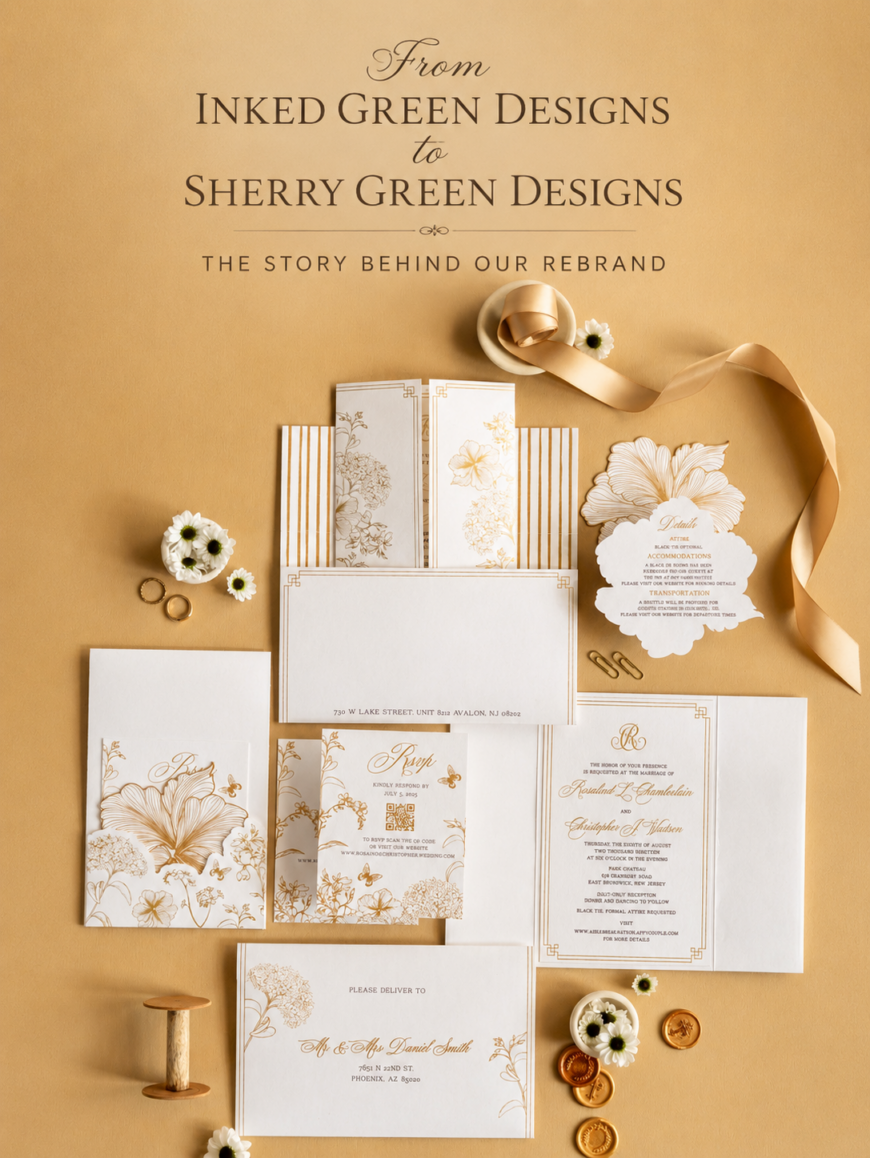 From Inked Green Designs to Sherry Green Designs rebrand featuring luxury wedding invitations and event stationery