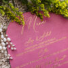 Pink wedding menu card with gold foil lettering and elegant script for luxury reception stationery by Sherry Green Designs