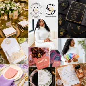 Collage featuring luxury wedding invitations, event stationery, wedding day details, branding portraits, and custom designs by Sherry Green Designs