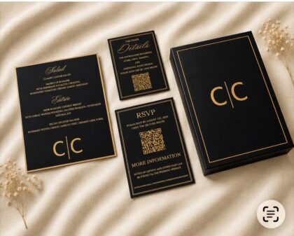 Luxury black and gold wedding stationery featuring a custom invitation box, elegant menu card, RSVP card, details card, and gold foil accents styled on a soft ivory fabric backdrop.