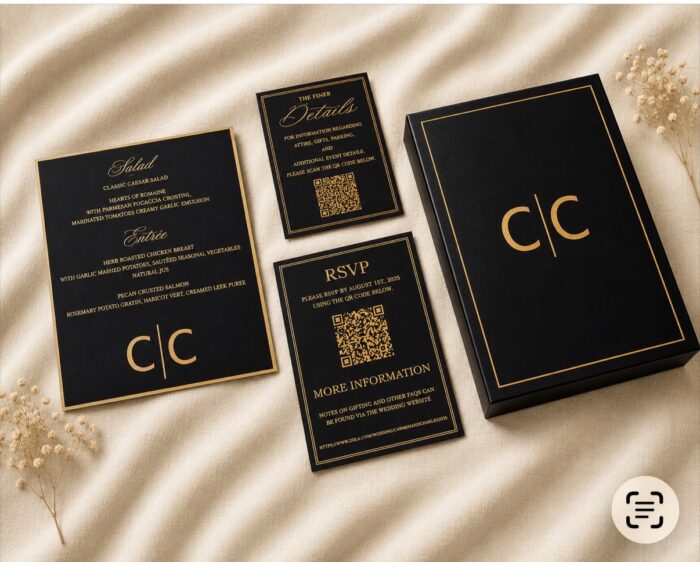 Luxury black and gold wedding stationery featuring a custom invitation box, elegant menu card, RSVP card, details card, and gold foil accents styled on a soft ivory fabric backdrop.