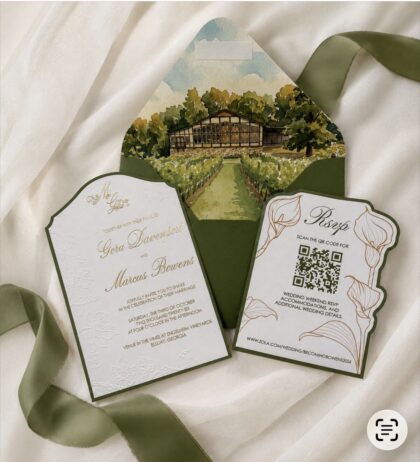 Luxury vineyard wedding invitation with gold foil lettering, embossed grapevine details, and a custom die-cut shape layered on deep green cardstock.