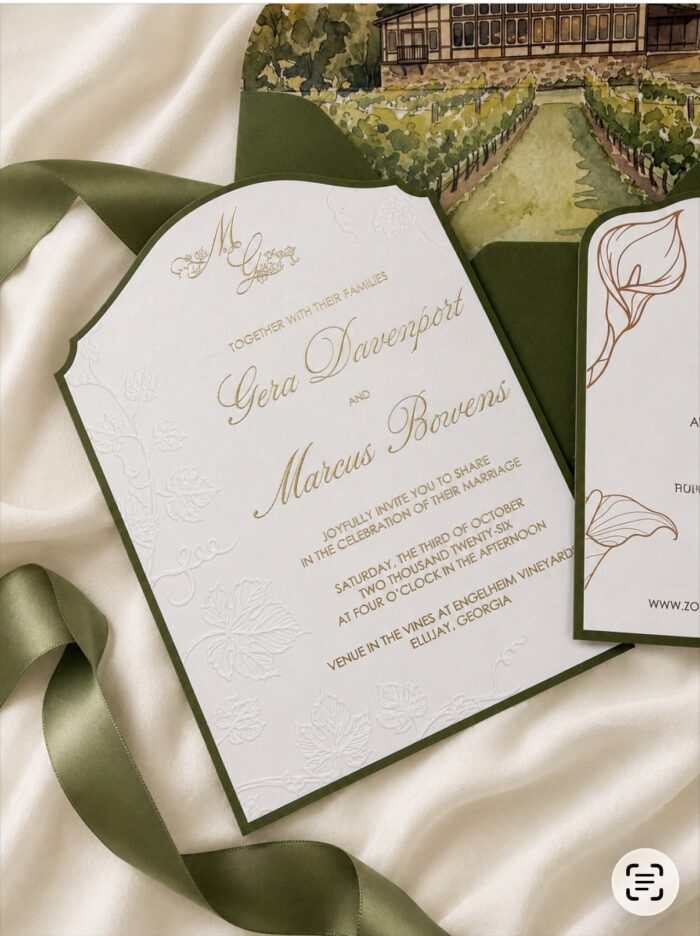 Custom vineyard wedding invitation featuring a watercolor venue liner, embossed white invitation with gold foil lettering, and coordinating RSVP card with calla lily illustrations in a deep green pocket envelope.